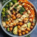 Roasted Veggie Chickpea Bowls with Maple Dijon Tahini Dressing