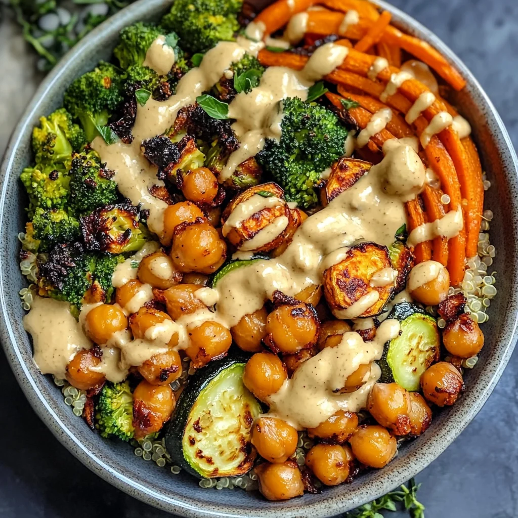 Roasted Veggie Chickpea Bowls with Maple Dijon Tahini Dressing