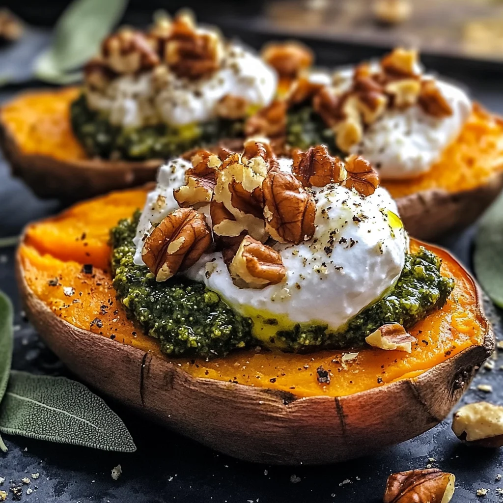 Stuffed Sweet Potatoes with Burrata, Toasted Walnuts & Sage Pesto