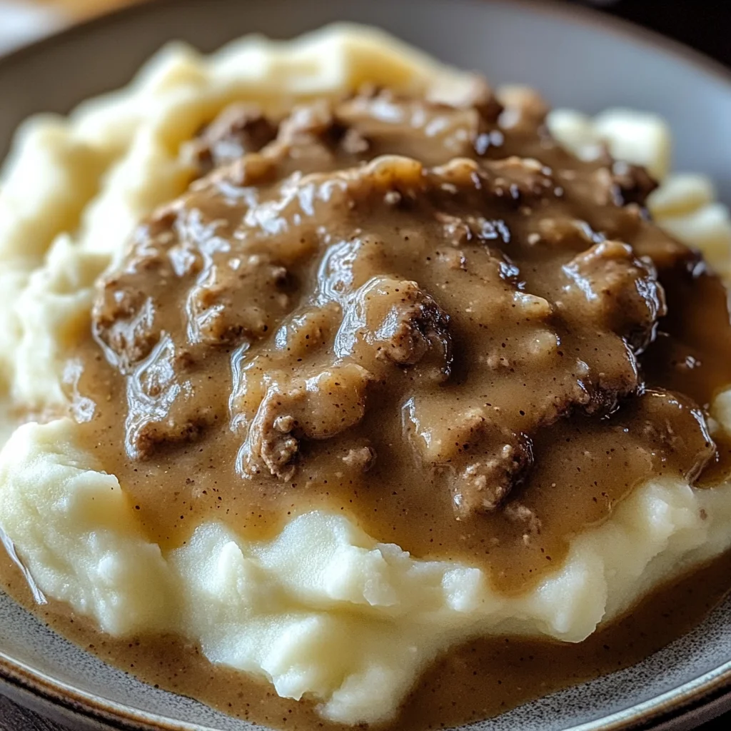 Delicious chicken chicken hamburger Gravy Over Mashed Potatoes