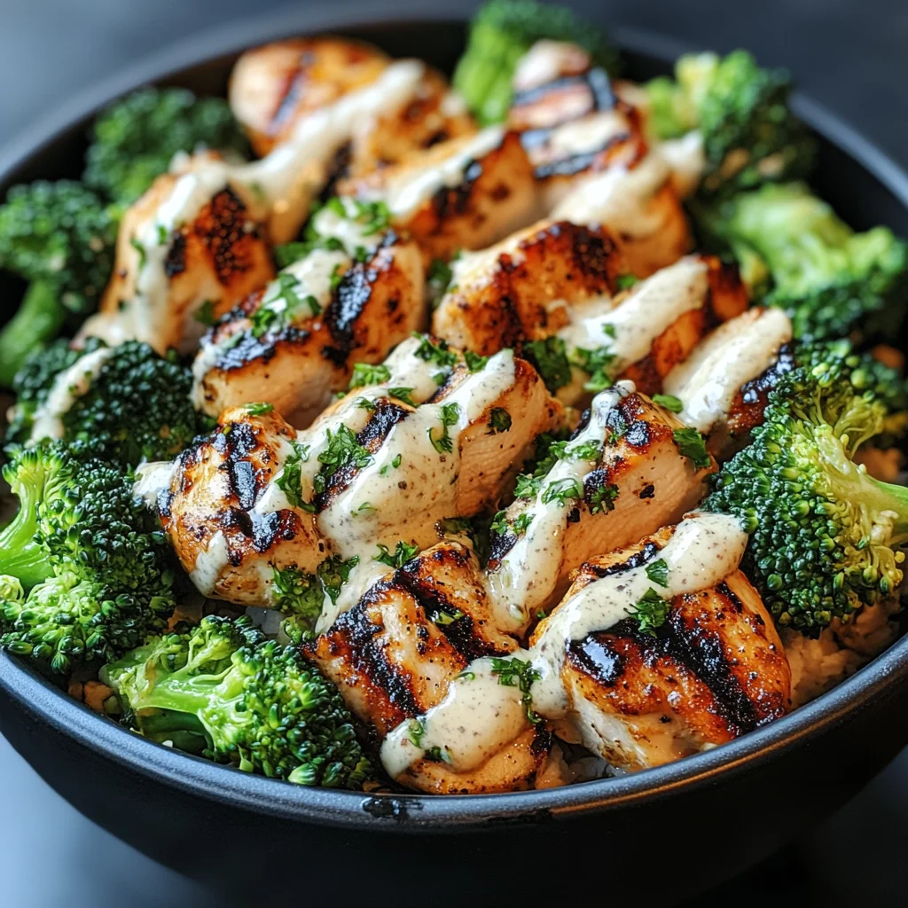 Grilled Chicken & Broccoli Bowls with Creamy Garlic Sauce
