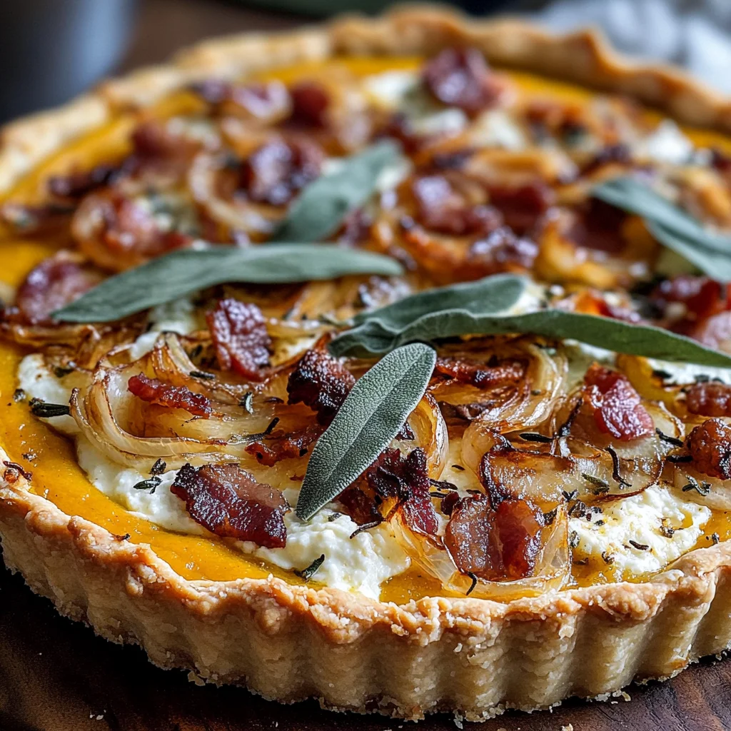 Pumpkin, Ricotta & Caramelized Onion Tart with Bacon and Sage